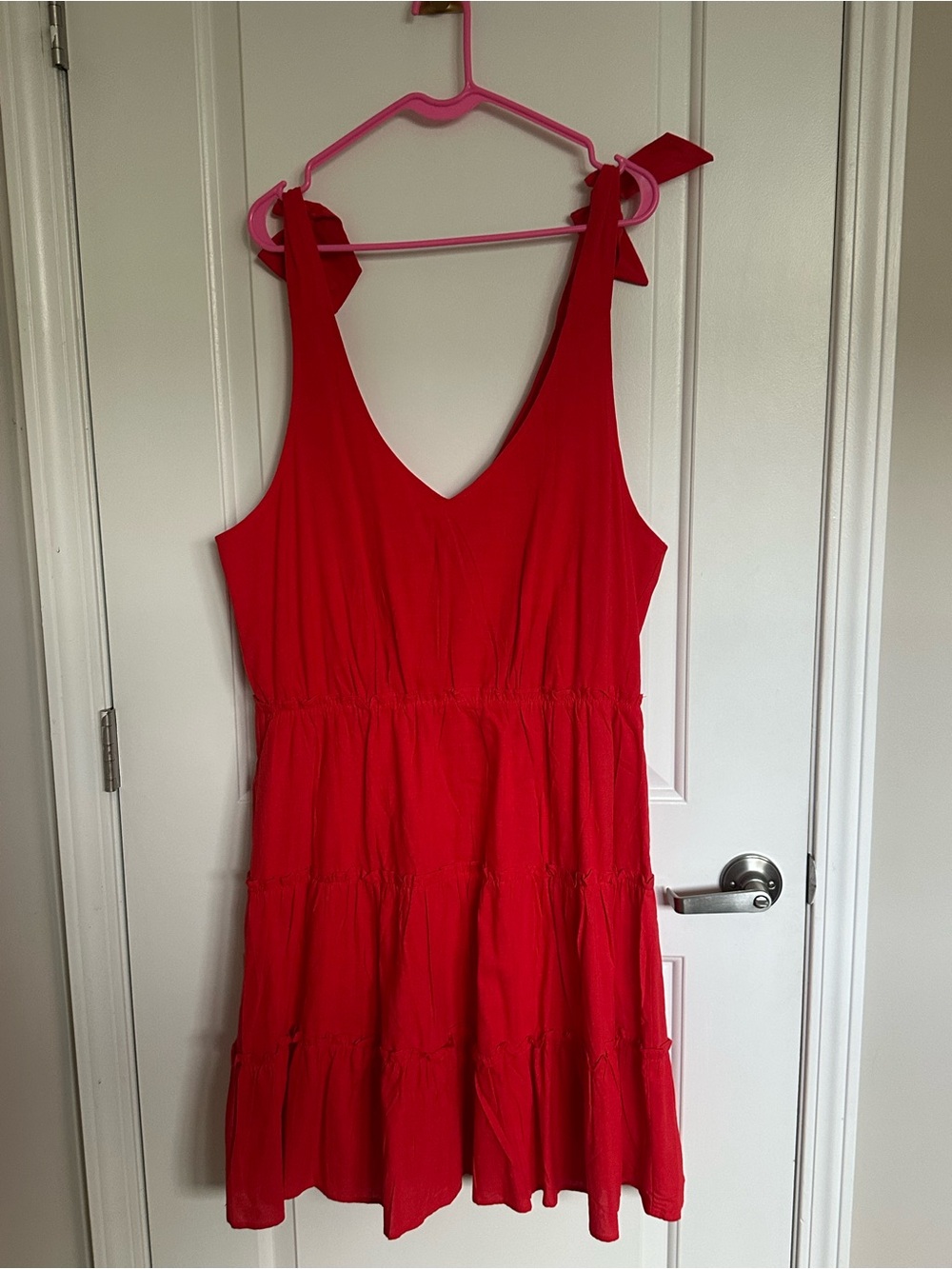 Red Tie-Shoulder V-Neck Tiered Mini Dress